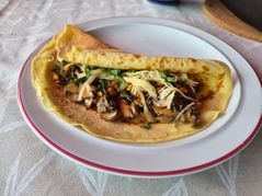 Vegetarisch gefüllter Pfannkuchen mit Tofu und Pilzen